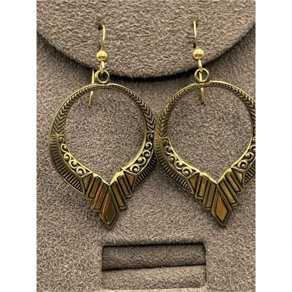Antique Egyptian Brass Hoop Drop Earrings - Gold-Tone Geometric Accent